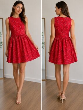 GAP Red Floral Sleeveless Fit-Front Skater Dress